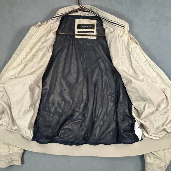 Zara Man Jacket Mens Size XL Beige Bomber Jacket Zipper Pocket Mesh Interior - Picture 5 of 10